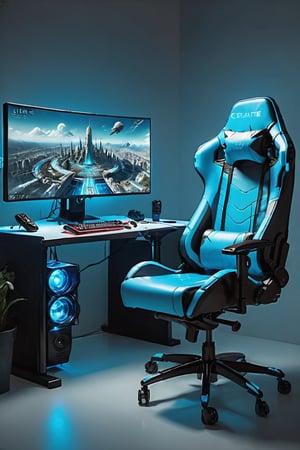 A create futuristic city Big size gaming display with chair light blue colour 