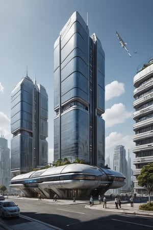 A create futuristic city with big building show large size with office show out side building 