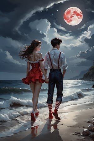 There is a girl who is wearing a mini stocking, its color is red and white, she is walking with a boy on the sea shore holding hands in the moonlight and both are looking very beautiful like a sexy boy and sexy girl and the waves of the sea are seen raising a storm