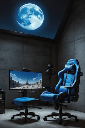 There should be a very big gaming display in which very big buildings should be seen and the blue sky should be visible in which the picture of the moon should also be visible and in front of the gaming screen there should be two unique types of chairs in high weight, in it there should be a picture of a good building on the display in which the color should be blue, the color of the gaming display should also be blue and the room inside should be dark and the wall of the room should be made of glass.