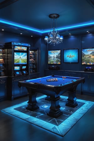A gaming room has to be prepared. It should have glass on all four sides. Now there should be a hole of standard class. The color of the glass should be in blue light and it should be foreign. The outside view should be of England building.