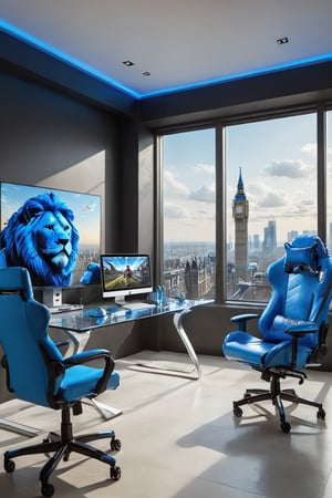 A gaming room has to be prepared, it should be transparent and there should be glass walls as well. The outside view should look like the city of England, which should also be in blue light and there should be two unique types of lions inside the gaming room. The height of the chair should also be the same and the chair should also be lightweight and there should be a glass table in front in which two laptops should be kept, whose color should be white and blue.