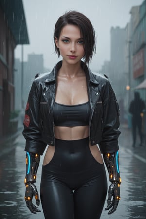 score_9, score_8_up, score_7_up, source_real, cyborg girl, 2 mechanical hands, wearing neon jacket, in the rain