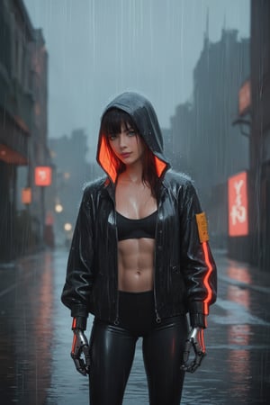 score_9, score_8_up, score_7_up, source_real, cyborg girl, 2 mechanical hands, wearing neon jacket, in the rain