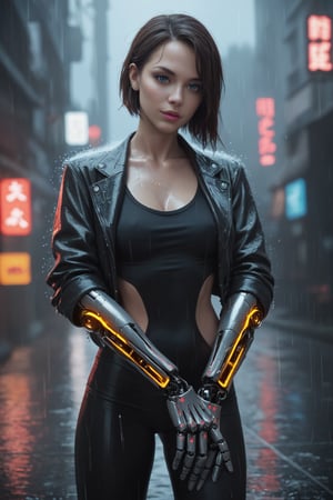 score_9, score_8_up, score_7_up, source_real, cyborg girl, 2 mechanical hands, wearing neon jacket, in the rain