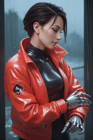 score_9, score_8_up, score_7_up, source_real, cyborg girl, 2 mechanical hands, wearing neon jacket, in the rain