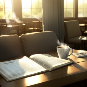 A cozy cafe setting, morning sunlight streaming through large windows, a steaming cup of coffee on a wooden table, a newspaper and a pair of reading glasses beside it, soft ambient lighting, and a comfortable armchair.