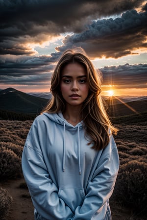 Extreme close-up, mountain background, girl, beautiful, cloudy_sky, burning_cloud, gradient_sky, dusk, embers, sunset, high detail, digital art style, soft diffused lighting, dutch angle, Baggy clothes, blue magic aura in your perfect hands, Arms forward, Looking at the viewer,photorealistic,poakl, 