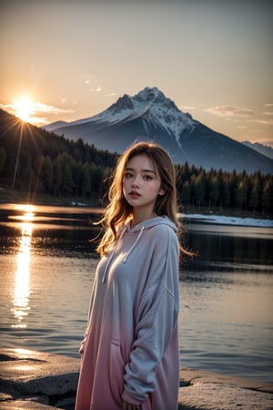 Extreme close-up, mountain background, girl, beautiful, cloudy_sky, burning_cloud, gradient_sky, dusk, embers, sunset, high detail, digital art style, soft diffused lighting, dutch angle, Baggy clothes, blue magic aura in your perfect hands, Arms forward, Looking at the viewer,photorealistic,poakl, 