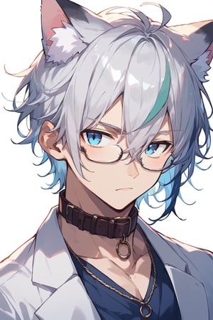 score_9, score_8_up, score_7_up,source_anime, ,aged up,male focus, silver hair, black streaked hair, blue eye,silver cat ears, hair between eyes,glasses,
, looking at viewer,  ,night,collar ,white suit,serious,,upper body