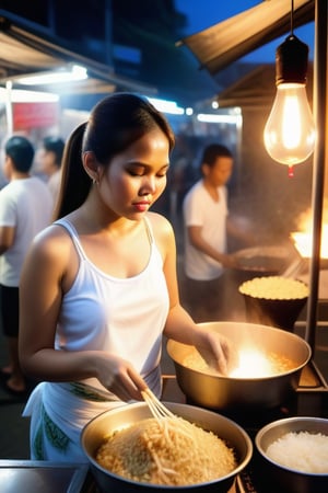 Image of a beautiful, slightly plump and voluptuous Thai woman with long hair tied in a ponytail cooking fried rice at a street food stall at night. She was wearing a thin white tank top (no bra) and batik sarong, and looked sweaty because of the heat from cooking. In the background, several people stand in line, waiting to be served. Lighting comes from several hanging bulbs, creating the warm and authentic atmosphere of an Indonesian street food stall.