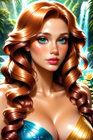 Ethereal Hispanic lady emerges from crystal-clear waters, her olive-toned skin glistening with dew-kissed perfection. Her luscious, curly locks cascade down her back like a golden waterfall, adorned with vibrant flowers that seem to bloom in harmony with the surrounding aquatic serenity. A portrait of loveliness, captured with soft, gentle lighting and a serene, peaceful atmosphere.