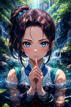 A close-up shot of Katara's determined face, her eyes locked intensely on the water before her. Her dark hair is tied back in a ponytail, and a few stray strands frame her face. Soft sunlight casts a warm glow, highlighting the gentle ripples on the surface of the water as she bends it with her powers. The composition focuses on Katara's hands, poised to manipulate the water, while the background subtly suggests the serene atmosphere of the Spirit Oasis.