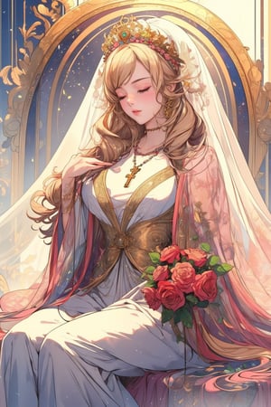 beautiful blonde lady, sitting and smelling a pink rose in her hand. She has a cross necklace around her neck and she's dressed in a white, flowy gown that resembles a sleeping outfit. Her outfit is almost like a thin, white veil. Her luscious blonde hair is wavy and very long, and she's got golden bangs framing her face. The lady has this misty mysteriousness about her, almost like a soft glow. Her eyes are closed and her expression is serene.