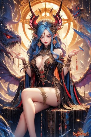 Beautiful demonic lady, succubus. The lady has a skimpy, black dress on, with golden accents and she has big, black devilish horns on her head that are also adorned with golden parts. She's sitting, one hand raised, showing her long claw-like nails. Her big, black and red wings are visible. Her eyes have a bold, long eyeliner.