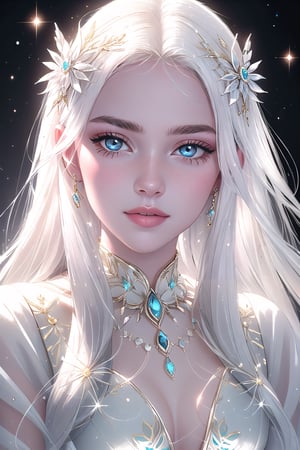 A serene, full-face portrait of Selene, the Moon Goddess, bathed in soft, lunar light. Her ethereal complexion appears luminous, with pale eyes shining like celestial bodies. The gentle glow on her skin seems to emanate from within, as if infused by the soft moonlight.