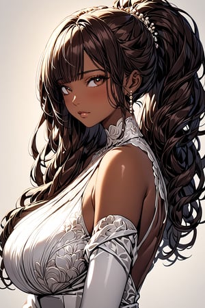 A stunning portrait of a voluptuous brunette girl. The subject sits confidently, gazing directly at the viewer with her warm, brown eyes. Her long, luscious hair cascades down her back in a voluminous ponytail updo, with loose strands framing her face. Her curvy figure is accentuated by her impressive bust and rounded shape. Against a neutral background, her rich, brown skin glows with a subtle sheen, drawing attention to the intricate details of her features. Fully dressed.