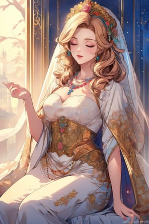 beautiful blonde lady, sitting and smelling a pink rose in her hand. She has a cross necklace around her neck and she's dressed in a white, flowy gown that resembles a sleeping outfit. Her outfit is almost like a thin, white veil. Her luscious blonde hair is wavy and very long, and she's got golden bangs framing her face. The lady has this misty mysteriousness about her, almost like a soft glow. Her eyes are closed and her expression is serene.