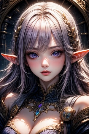 A beautiful purple-haired elf lady, portrait.