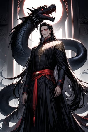A majestic shot of a handsome Chinese emperor, his long, silky hair cascading down his back like a river of night. His piercing red eyes gleam with an otherworldly intensity as he stands tall, a majestic black serpent coiled around his arm, its scales glistening in the soft, ethereal light that bathes him. He wears traditional Chinese attire, the intricate embroidery and flowing silks accentuating his regal bearing. The air is thick with an aura of mystique and power as he surveys his domain, the serpent's forked tongue darting in and out of its mouth like a harbinger of ancient secrets.