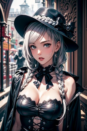 beautiful woman with pale eyes and black braided hair, black prominent eyeliner, black fedora hat with a white bow around it, black sexy outfit, hot funeral outfit, silver gothic jewelry