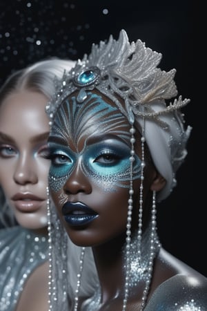 bautiful black woman with intricate ocean makeup, siren vibes,more detail XL,glitter,photorealistic