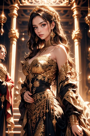 A majestic French Renaissance-era noblewoman poses elegantly against a dark, ornate backdrop, her slender figure draped in a lavishly embroidered Gothic-style gown, the intricate patterns and textures of the fabric catching the soft, golden light that illuminates her regal features.