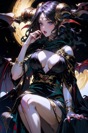 Beautiful demonic lady, succubus. The lady has a skimpy, black dress on, with golden accents and she has big, black devilish horns on her head that are also adorned with golden parts. She's sitting, one hand raised, showing her long claw-like nails. Her big, black and red wings are visible. Her eyes have a bold, long eyeliner.