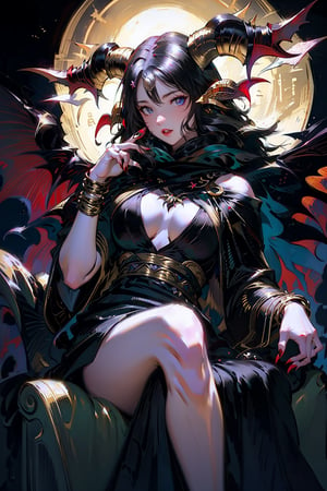 Beautiful demonic lady, succubus. The lady has a skimpy, black dress on, with golden accents and she has big, black devilish horns on her head that are also adorned with golden parts. She's sitting, one hand raised, showing her long claw-like nails. Her big, black and red wings are visible. Her eyes have a bold, long eyeliner.