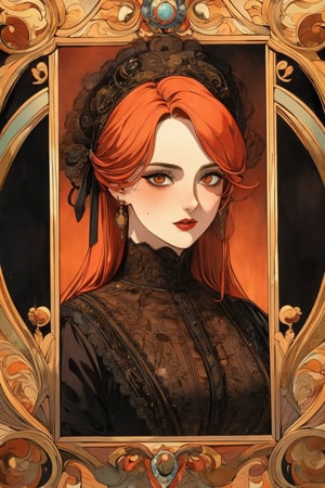 portrait of a beautiful middle-aged woman as a Victorian gothic vampire, portrait style. ginger colored hair. Victorian Noblewoman vampiric.