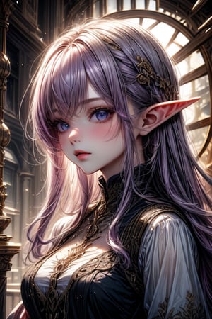 A beautiful purple-haired elf lady, portrait.