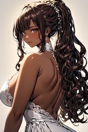 A stunning portrait of a voluptuous brunette girl. The subject sits confidently, gazing directly at the viewer with her warm, brown eyes. Her long, luscious hair cascades down her back in a voluminous ponytail updo, with loose strands framing her face. Her curvy figure is accentuated by her impressive bust and rounded shape. Against a neutral background, her rich, brown skin glows with a subtle sheen, drawing attention to the intricate details of her features. Fully dressed.