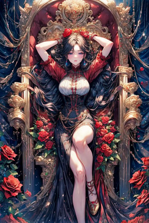 Beautiful black-haired lady, sprawled out in a coffin, laying in red velvet. Her eyeshadow and lips are rosy, deep red and her clothing is of a Victorian lady, black, red and white. Her arms are above her head and she's sleeping, roses and golden crosses surrounding her. With gold accents.