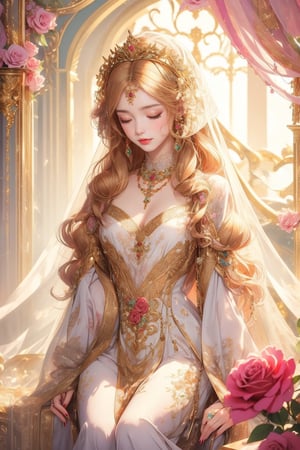 Beautiful blonde lady, sitting and smelling a pink rose in her hand. She has a cross necklace around her neck and she's dressed in a white, flowy gown that resembles a sleeping outfit. Her outfit is almost like a thin, white veil. Her luscious blonde hair is wavy and very long, and she's got golden bangs framing her face. The lady has this misty mysteriousness about her, almost like a soft glow. Her eyes are closed and her expression is serene.