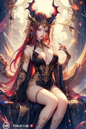 Beautiful demonic lady, succubus. The lady has a skimpy, black dress on, with golden accents and she has big, black devilish horns on her head that are also adorned with golden parts. She's sitting, one hand raised, showing her long claw-like nails. Her big, black and red wings are visible. Her eyes have a bold, long eyeliner.