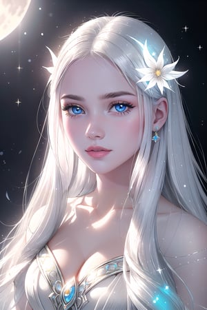 A serene, full-face portrait of Selene, the Moon Goddess, bathed in soft, lunar light. Her ethereal complexion appears luminous, with pale eyes shining like celestial bodies. The gentle glow on her skin seems to emanate from within, as if infused by the soft moonlight.