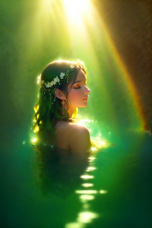 Ethereal Hispanic lady emerges from crystal-clear waters, her olive-toned skin glistening with dew-kissed perfection. Her luscious, curly locks cascade down her back like a golden waterfall, adorned with vibrant flowers that seem to bloom in harmony with the surrounding aquatic serenity. A portrait of loveliness, captured with soft, gentle lighting and a serene, peaceful atmosphere.