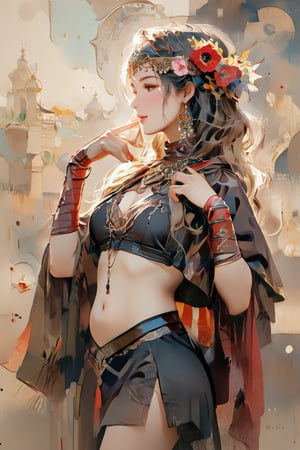 An artistic rendering of a belly dancer in profile. The dancer is adorned in traditional, ornate attire, including a richly decorated bra top and a hip scarf embellished with various jewelry pieces such as bracelets and armbands. Her head is tilted slightly upward, and she appears to be holding finger cymbals (zills) in each hand, which are traditional instruments used in belly dancing. Her outfit reveals a tattoo on her midriff, featuring floral and abstract designs. The dancer's dark hair is adorned with a large, vibrant red flower, adding to the striking and colorful aesthetic of her attire. The background is painted in a soft, textured style, with warm tones of beige and hints of red, complementing the overall color scheme of her costume. The pose captures the fluidity and grace of her dance, emphasizing the elegance and cultural richness of belly dancing. The image combines elements of realism with a painterly, impressionistic style, giving it a dynamic and expressive quality.