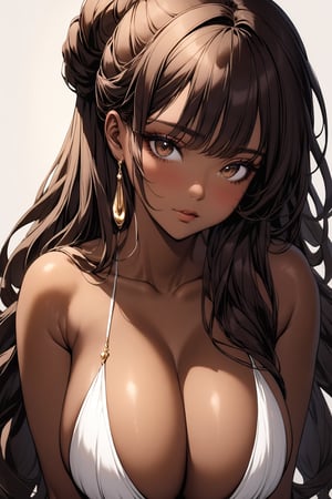 A stunning portrait of a voluptuous brunette girl. The subject sits confidently, gazing directly at the viewer with her warm, brown eyes. Her long, luscious hair cascades down her back in a voluminous ponytail updo, with loose strands framing her face. Her curvy figure is accentuated by her impressive bust and rounded shape. Against a neutral background, her rich, brown skin glows with a subtle sheen, drawing attention to the intricate details of her features.