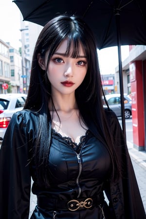 goth woman, black lipstick, 20yo, long black straight hair with bangs, Frontal view, looking at viewer, relaxing expression, blue eyes, asian baby girl style clothes, walking in Taiwanese street, rich details, 8k, intricate details, atmospheric lighting, 35mm photograph, professional, highly detailed, high budget, moody, epic, gorgeous, proportional, cowboy shot