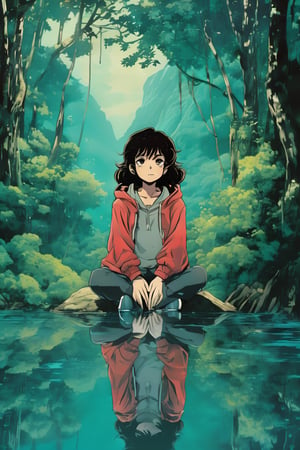 A full-body image of an anime girl named Marthita, 19 years old, with short black brown hair and blue eyes. She has lightly tanned skin. She is wearing a zip-up red hoodie, a black shirt, faded jeans, and black Converse sneakers. Marthita is standing by a serene lagoon, stlmaking a gesture of thanks with her hands clasped together in front of her chest, or giving a 'peace' sign with her fingers. The scene is peaceful and picturesque, with calm water reflecting the surroundings. She appears relaxed and comfortable, radiating positivity and gratitude.,anime,anime coloring, style studio ghibli 