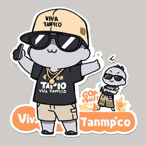 (chibi:1.3),//masterpiece, high quality, 8K, high_res, CG style, surprised :0, happy,1alien boy with gray skin and no ears, wearing a black t-shirt that says "viva Tampico" (text"viva Tampico": 2), khaki shorts, black sandals, sunglasses, and a Hawaiian-style necklace, taking a selfie, beautiful, very detailed, CrclWc, CuteSt1, WtrClr, watercolor (medium),//, gray complexion, anime-style, chibi, sticker, white background//
