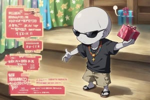 1alien, gray_skin, no ears, black_t-shirt that says (text "viva Tampico"), khaki shorts, black sandals, sunglasses, Hawaiian-style necklace,//quality, masterpiece:1.4, detailed:1.4, best quality:1.4,//,1boy,solo,happy expression, opening a gift,//, (no hair), (black eyes), gray complexion, average build,//, black t-shirt that says (text "viva Tampico"), khaki shorts, black sandals, Hawaiian-style necklace,//, sunglasses, indoor background, colorful gift wrapping paper, anime-style//
