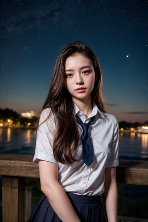 masterpiece, best quality, 1 girl, solo, ((an extremely delicate and beautiful)),school uniform, italian girl ,age 18, milky white skin,beautiful detailed eyes, at night , beautiful starry sky, 