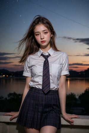 masterpiece, best quality, 1 girl, solo, ((an extremely delicate and beautiful)),school uniform, italian girl ,age 18, milky white skin,beautiful detailed eyes, at night , beautiful starry sky, 