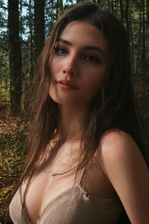 Hyper realistic full body RAW photo of Sofia Espanha, realistic and detailed face, realistic eyes, realistic skin texture, running through a dark and abandoned forest, with a creepy and mysterious atmosphere, surrounded by shadowy figures. Cinematic style.