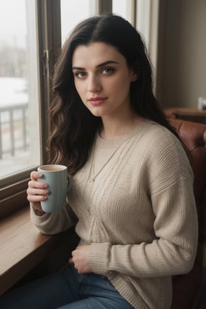 hyperrealistic photo of Katie McGrath in a charming cafe, wearing light wash skinny jeans, a light blue wool sweater with lace details, and a brown leather jacket. The natural and soft lighting enters through the windows, creating a cozy and casual atmosphere. She is holding a steaming cup of coffee with a light and natural smile. The image has a realistic and cinematic style, with vibrant colors and sharp details, capturing the natural beauty of Katie McGrath in a relaxing moment.