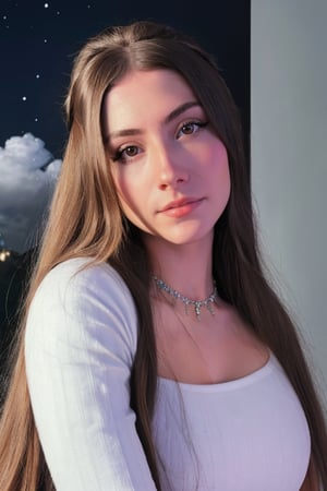 Hyper realistic full body RAW photo of Sofia Spain, realistic and detailed face, realistic eyes, realistic skin texture, wearing a white tunic adorned with silver stars, with long dark hair flowing like clouds, sitting on a silver moon throne, with the full moon shining in the background. Cinematic style.