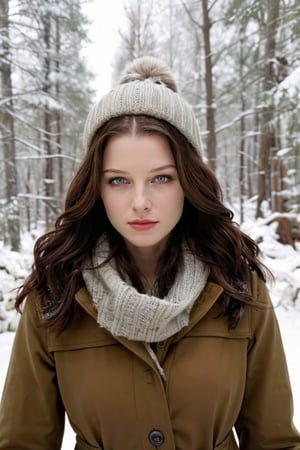 Rachel Nichols in a winter setting, with snow and cold weather. She is wearing a brown wool coat, a wool hat, and a knitted scarf. The image has a cozy and atmospheric style, focusing on the beauty of the winter landscape and the comfort of the actress's look. She is wearing light makeup, with a bit of mascara and light pink lipstick, and light hairs.