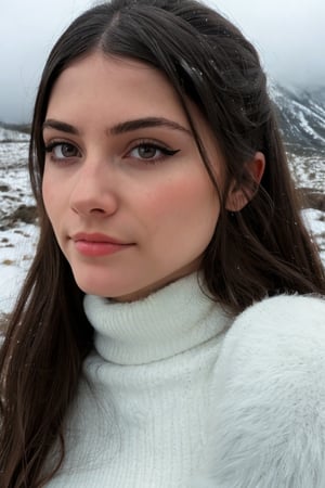 Hyper realistic full body RAW photo of Sofia Espanha, realistic and detailed face, realistic eyes, realistic skin texture, standing in a snowy mountain landscape, under a cloudy sky with a soft fog, wearing a luxurious white fur coat with black leather details, a black cashmere turtleneck sweater, and leather gloves. Her eyes shine under the dim winter light, and she contemplates the landscape with an expression of peace and mystery. Cinematic style.